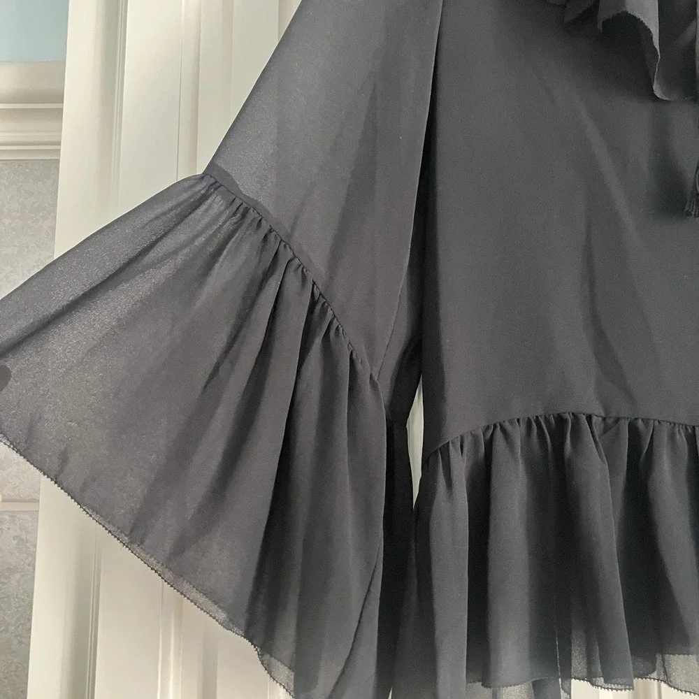 REBECCA‎ MINKOFF Patti Black Semi Sheer Chiffon Ruffle Bell Sleeve Top XS NWT - Picture 2 of 10